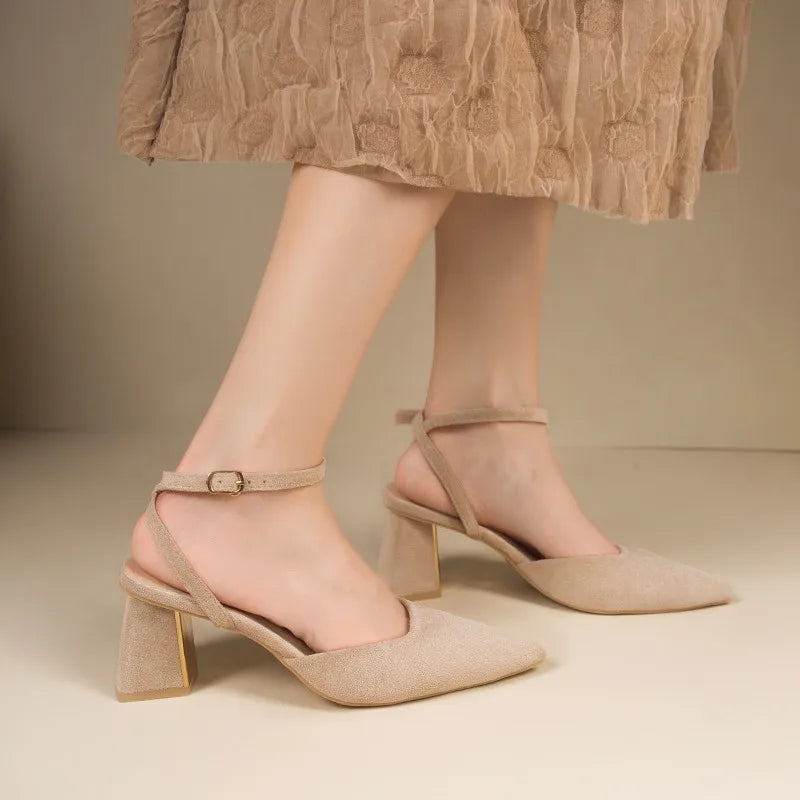 Pointed One-Line Buckle High Heel Sandals