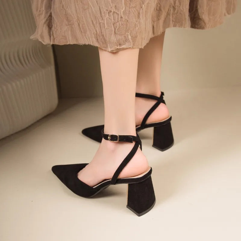 Pointed One-Line Buckle High Heel Sandals